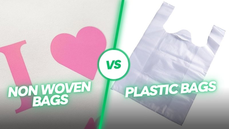 Comparison image showing a close-up of a white non woven bag with pink printing on the left and a full-view white plastic bag on the right, both customizable in size, material, style, and printing.