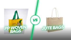 Comparison image showing a printed yellow PP woven bag on the left and a natural jute bag on the right, customizable in size, material, style, and printing.