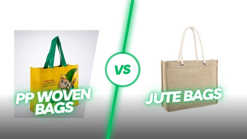 Comparison image showing a printed yellow PP woven bag on the left and a natural jute bag on the right, customizable in size, material, style, and printing.