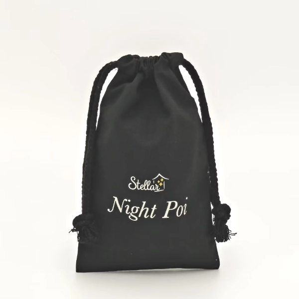 black canvas gift bag with drawstring logo print front view