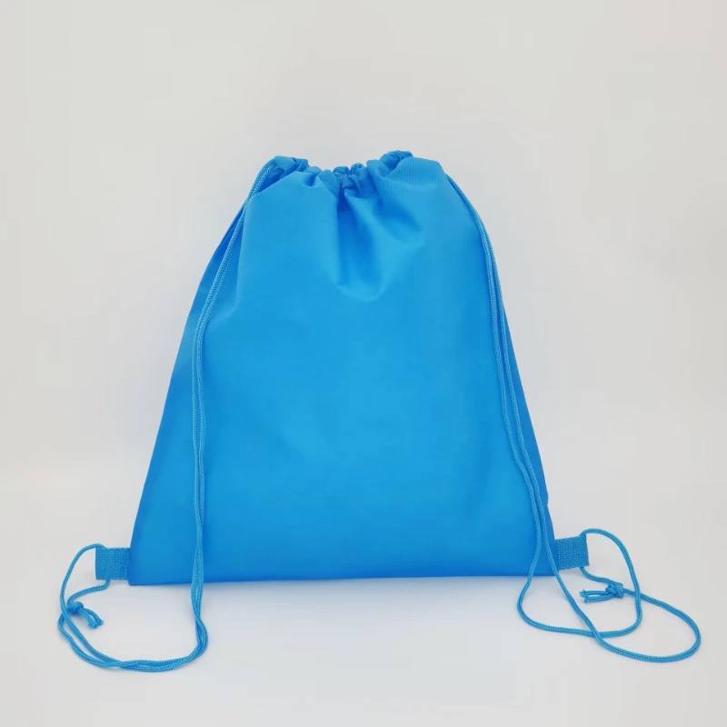 blue non woven drawstring bag front view