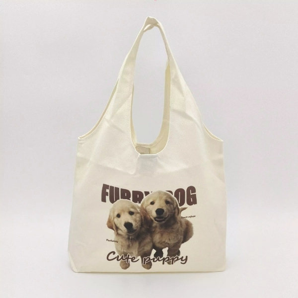 canvas shoulder tote bag dog print zip pocket front view 1