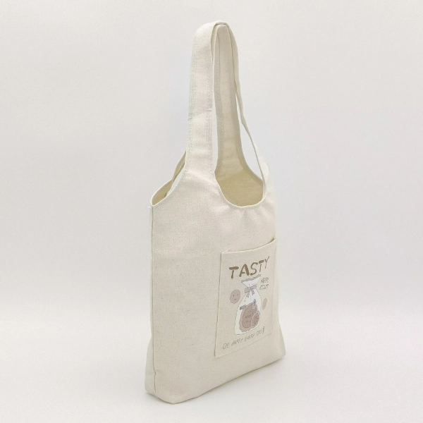 canvas shoulder tote bag pocket print tasty design side view