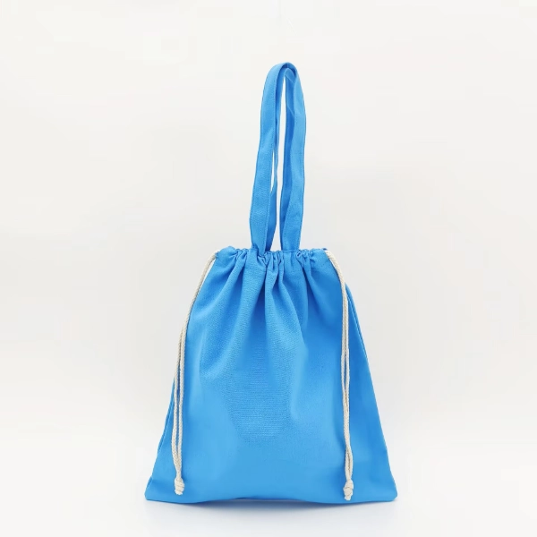 colorful canvas drawstring tote bag with handles blue front view