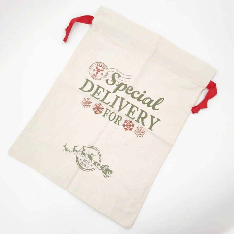 cotton canvas gift bag with red drawstring flat lay