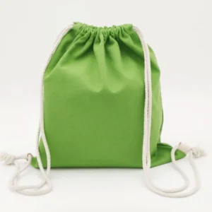Flat lay of a green canvas drawstring backpack with natural color rope, customizable in size, material, style, and printing.