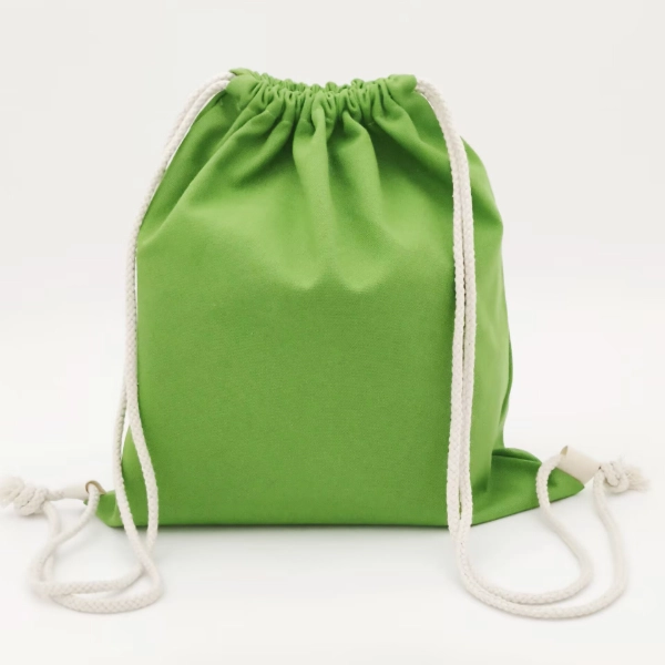 green canvas drawstring backpack natural rope front view
