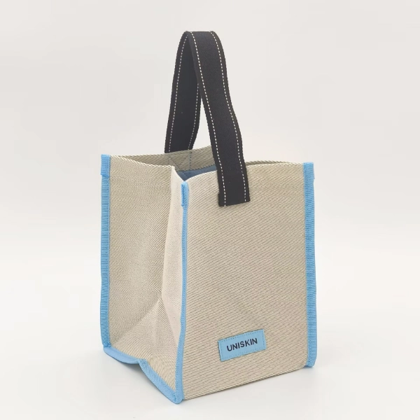 herringbone canvas tote boxy structure single handle front angled