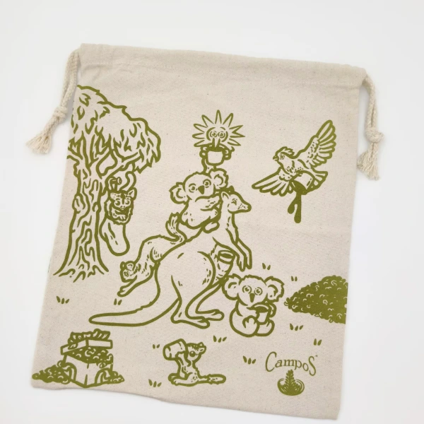 natural canvas gift bag animal print drawstring flat lay