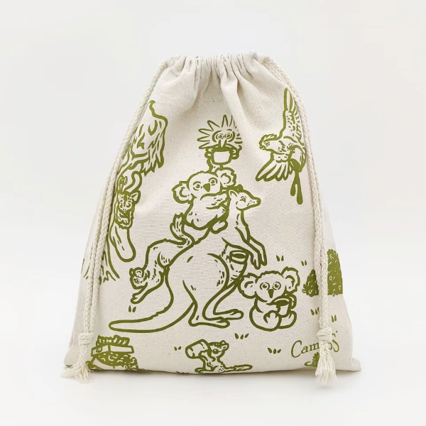 natural canvas gift bag animal print drawstring front view