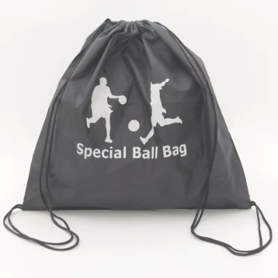 Front view of a black drawstring polyester sports bag featured in “How to Clean Polyester Bags? A Complete Guide”, customizable in size, material, style, and printing.