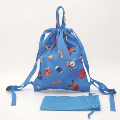 Front view of a blue polyester drawstring backpack with cartoon design, handle, and matching pouch, featured in “How to Clean Polyester Bags? A Complete Guide”, customizable in size, material, style, and printing.