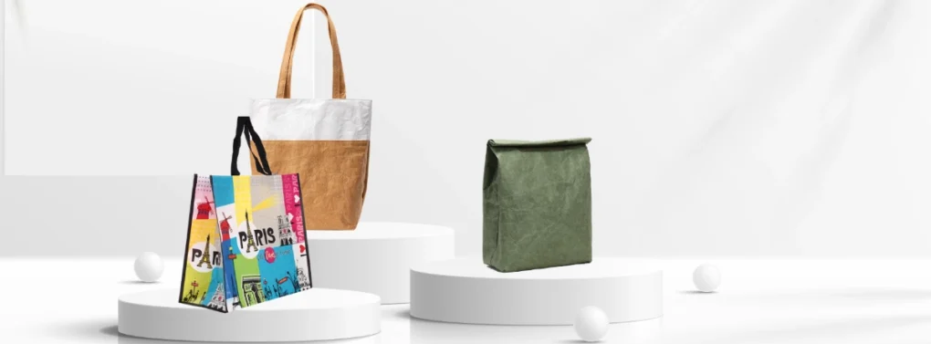bag usage and care guide showcasing various tote, backpack, drawstring, and shopping bag styles