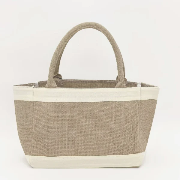 Jute tote bag with white cotton fabric panel and matching handles, natural color with stitched cotton accent, customizable in size, material, style, and printing.
