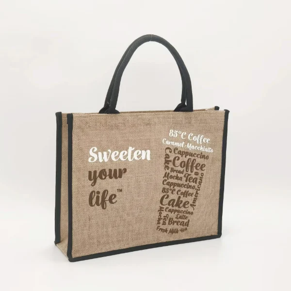 Burlap Bags Promotional Jute Tote Bags coffee print front 1