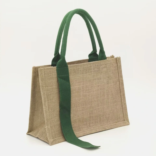 Burlap Tote Bag with Long Green Handle Angled Side View