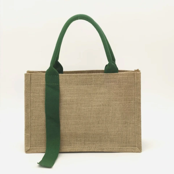 Burlap Tote Bag with Long Green Handle Front View