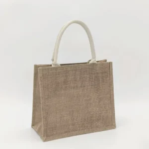 Front view of jute tote bag with padded polyester-cotton rope handles and structured body, customizable in size, material, style, and printing.
