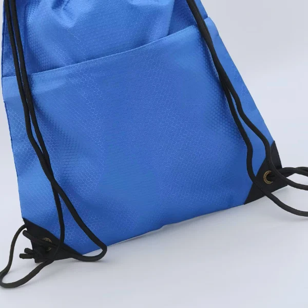 blue drawstring backpack detail pocket view