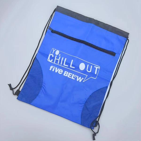 blue drawstring backpack mesh sides flat open