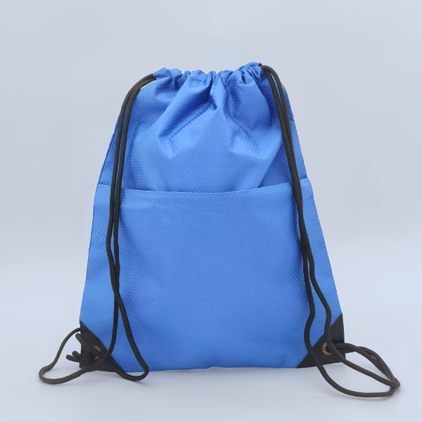 blue drawstring backpack with front pocket