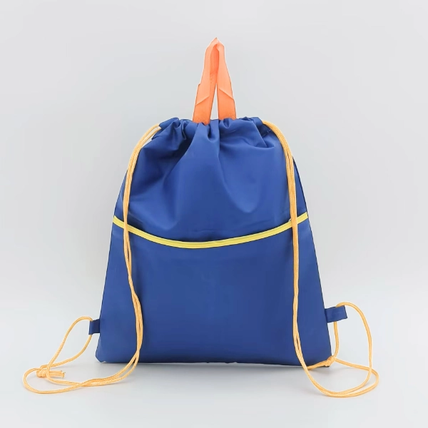 blue drawstring backpack with handle tightened top