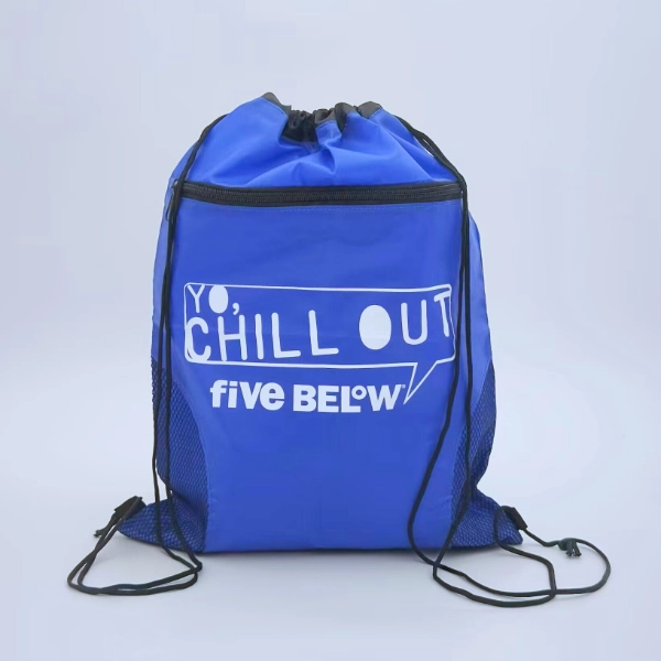 blue drawstring backpack with mesh sides tightened
