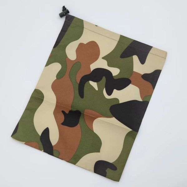 camouflage drawstring pouch flat top view