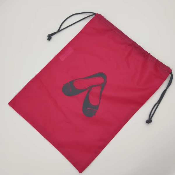 drawstring bag polyester red with printed shoes full view