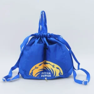 Front view of a royal blue drawstring backpack with adjustable straps, top handles, and a front zipper pocket, customizable in size, material, style, and printing
