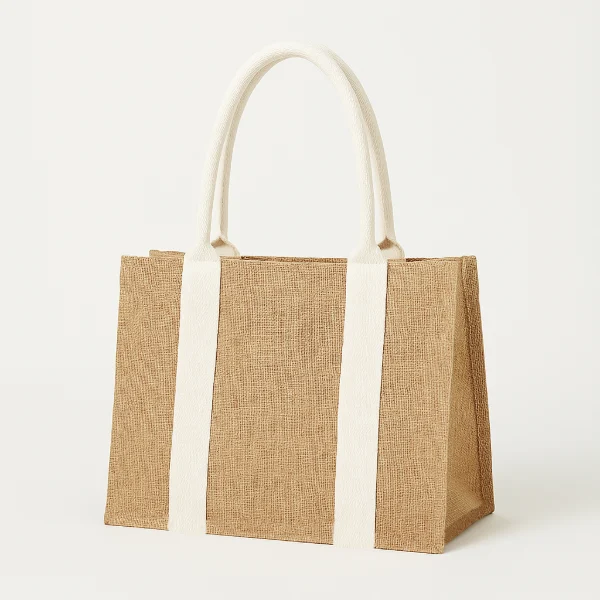 Natural jute tote bag with reinforced long poly-cotton handles, simple and vertical layout, customizable in size, material, style, and printing