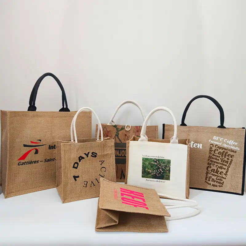 jute bag knowledge showcasing multiple custom jute bags with different printing styles