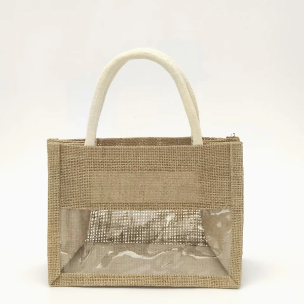 jute tote bag with clear window front view