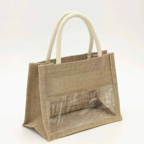 Side view of structured jute bag with large front PVC panel and white rope handles customizable in size material style and printing