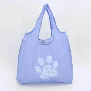 Front view of a light purple foldable shopping bag with handles and minimalist print, customizable in size, material, style, and printing