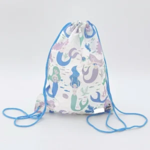 Front view of a colorful mermaid-themed drawstring backpack with blue cords, ideal for kids or women, customizable in size, material, style, and printing.