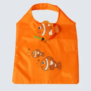 Front view of an orange foldable bag featuring cartoon fish design and attached fish-shaped pouch, customizable in size, material, style, and printing.