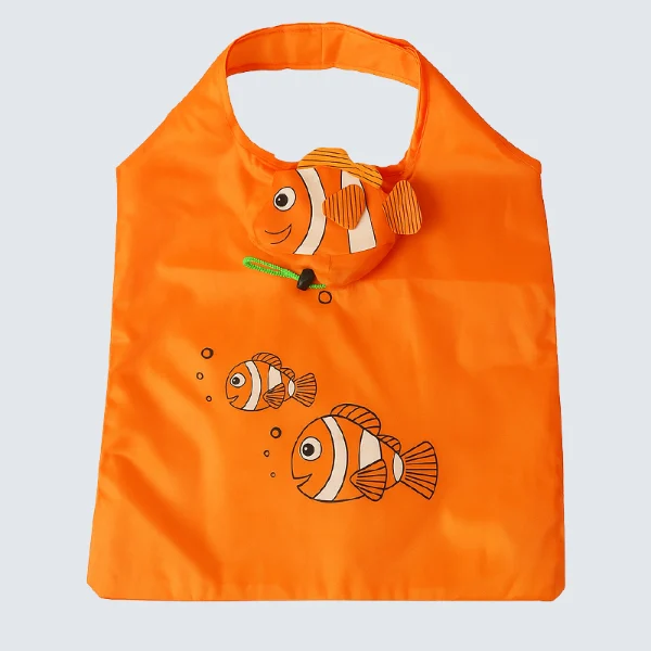 Front view of an orange foldable bag featuring cartoon fish design and attached fish-shaped pouch, customizable in size, material, style, and printing.