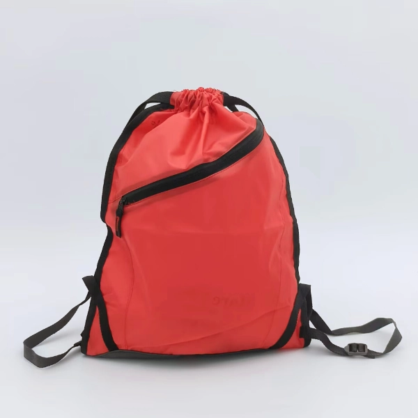 red drawstring backpack with diagonal zipper front view