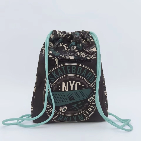 skateboard drawstring backpack tightened top view