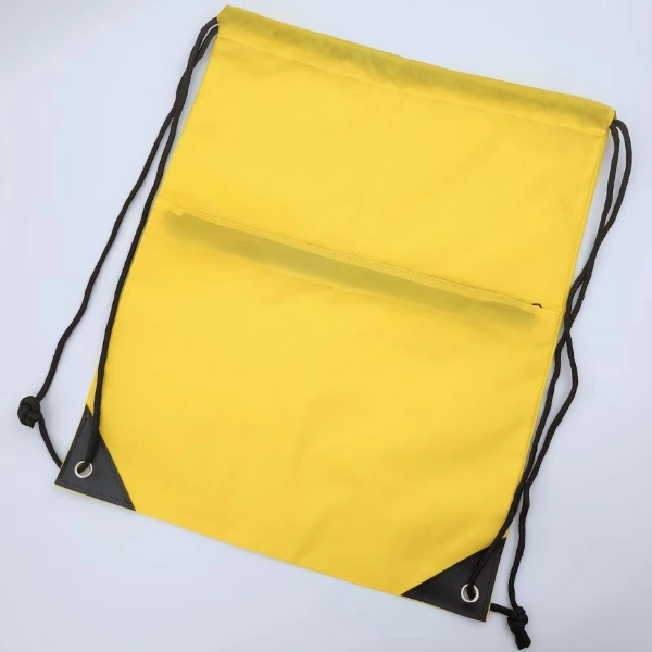 yellow drawstring backpack flat view with zipper pocket