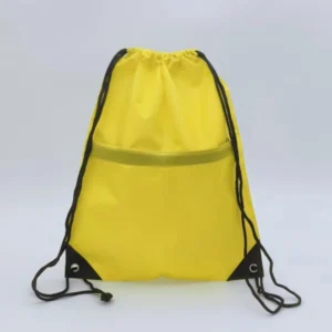 Upright view of a yellow drawstring backpack with front zip pocket and black reinforced corners, customizable in size, material, style, and printing.