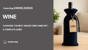 Velvet drawstring wine bag with blank logo tag on table