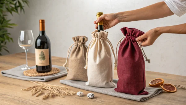 Choosing the Best Drawstring Wine Gift Bags: Person placing a wine bottle into a drawstring bag, with jute, cotton, and velvet options on a wooden table