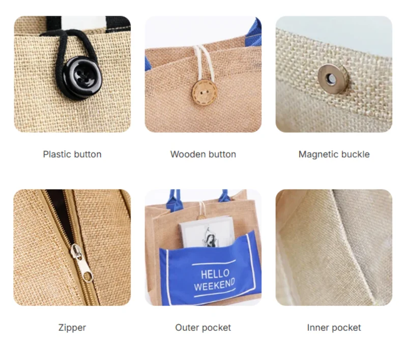 Common accessories for custom jute bags including buttons, zippers, and pockets.