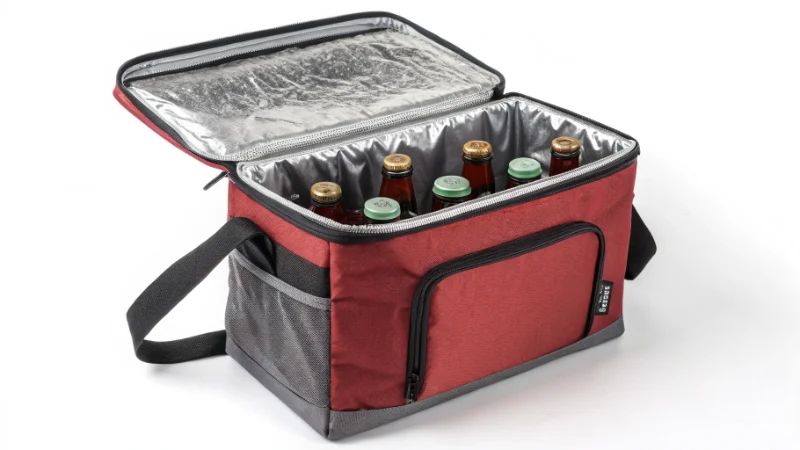 soft cooler bag with several glass bottles, open lid showing insulated lining