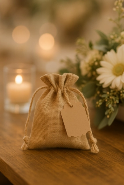 Natural jute drawstring bag with kraft string and tag on wedding table