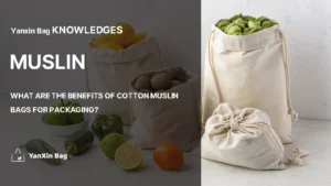 Cotton muslin drawstring bags filled with fresh produce on a minimal white background