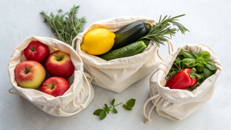 cotton muslin bags used for packaging fresh produce like apples, lemon, zucchini, and herbs