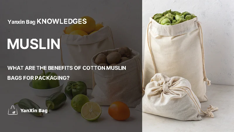 Cotton muslin drawstring bags filled with fresh produce on a minimal white background